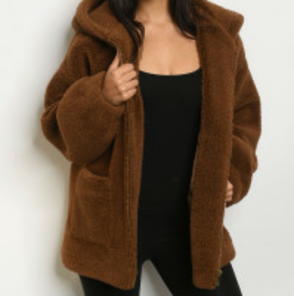 Teddy bear Sherpa hooded jacket coat in brown - Picture 3 of 8